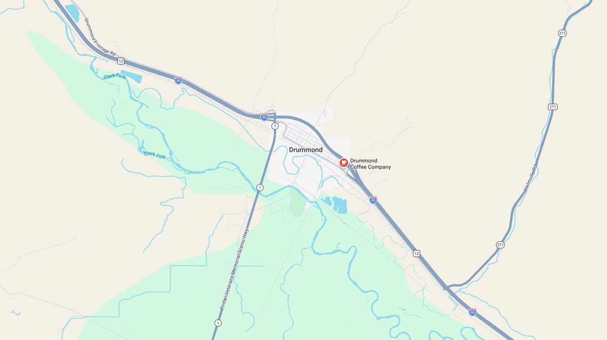 Map showing Drummond Coffee Company location off I-90 in Drummond Montana